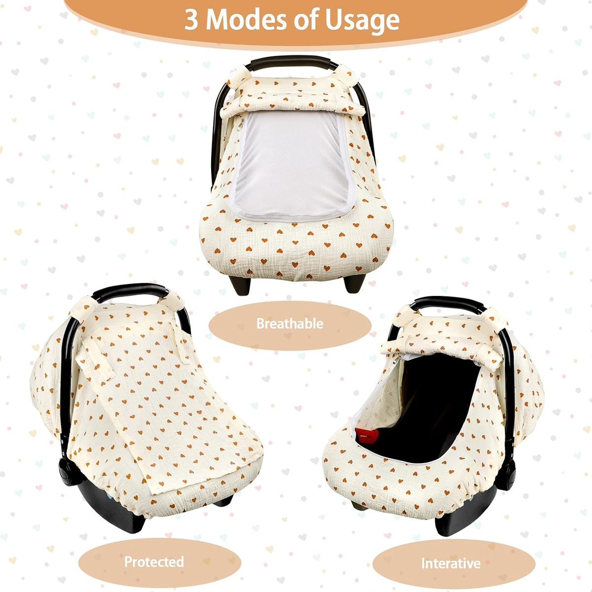 Muslin Car Seat Cover Baby, Summer Car Seat Covers for Babies, Infants, and Newborns, Ultra Soft Breathable Universal Fit Stroller Carseat Canopy Covers for Boys Girls (Heart)