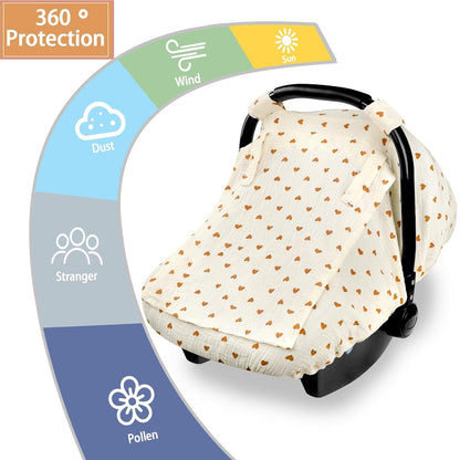 Muslin Car Seat Cover Baby, Summer Car Seat Covers for Babies, Infants, and Newborns, Ultra Soft Breathable Universal Fit Stroller Carseat Canopy Covers for Boys Girls (Heart)