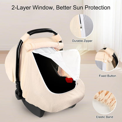 Muslin Car Seat Cover Baby, Summer Car Seat Covers for Babies, Infants, and Newborns, Ultra Soft Breathable Universal Fit Stroller Carseat Canopy Covers for Boys Girls (Heart)