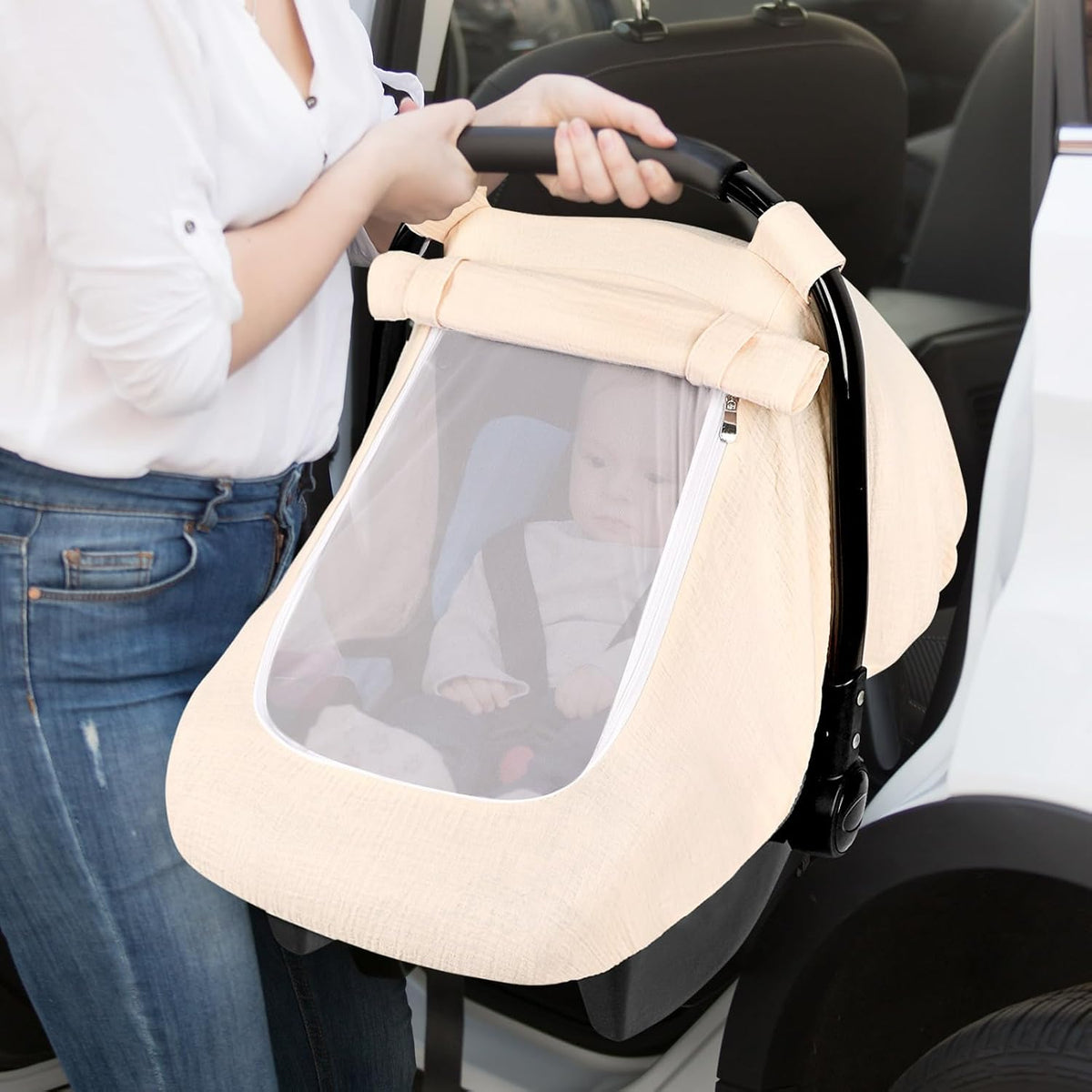 Muslin Car Seat Cover Baby, Summer Car Seat Covers for Babies, Infants, and Newborns, Ultra Soft Breathable Universal Fit Stroller Carseat Canopy Covers for Boys Girls (Heart)