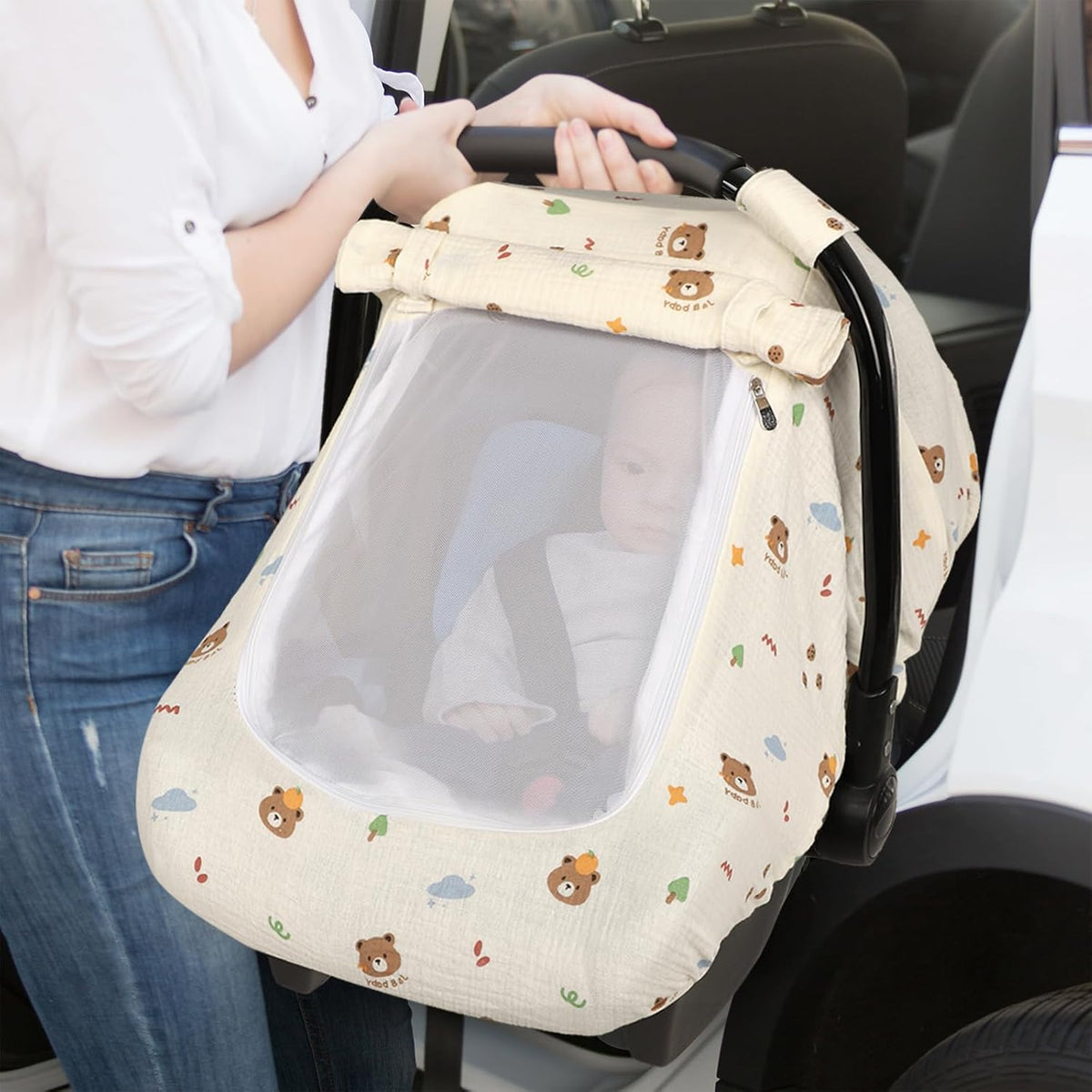 Muslin Car Seat Cover Baby, Summer Car Seat Covers for Babies, Infants, and Newborns, Ultra Soft Breathable Universal Fit Stroller Carseat Canopy Covers for Boys Girls (Heart)