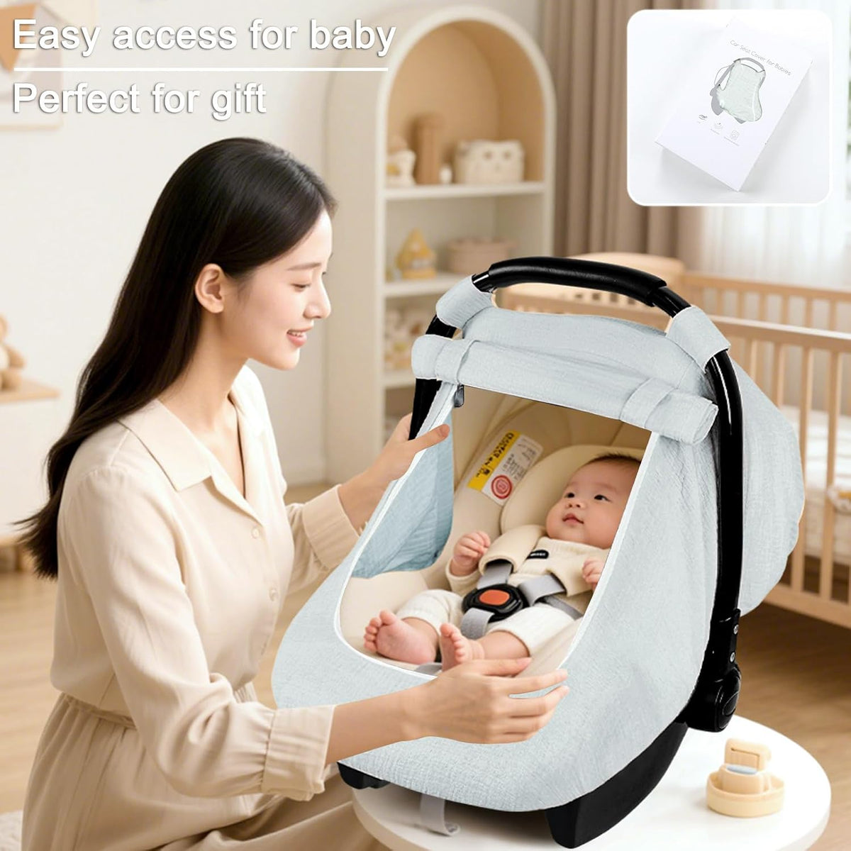 Muslin Car Seat Cover Baby, Summer Car Seat Covers for Babies, Infants, and Newborns, Ultra Soft Breathable Universal Fit Stroller Carseat Canopy Covers for Boys Girls (Heart)