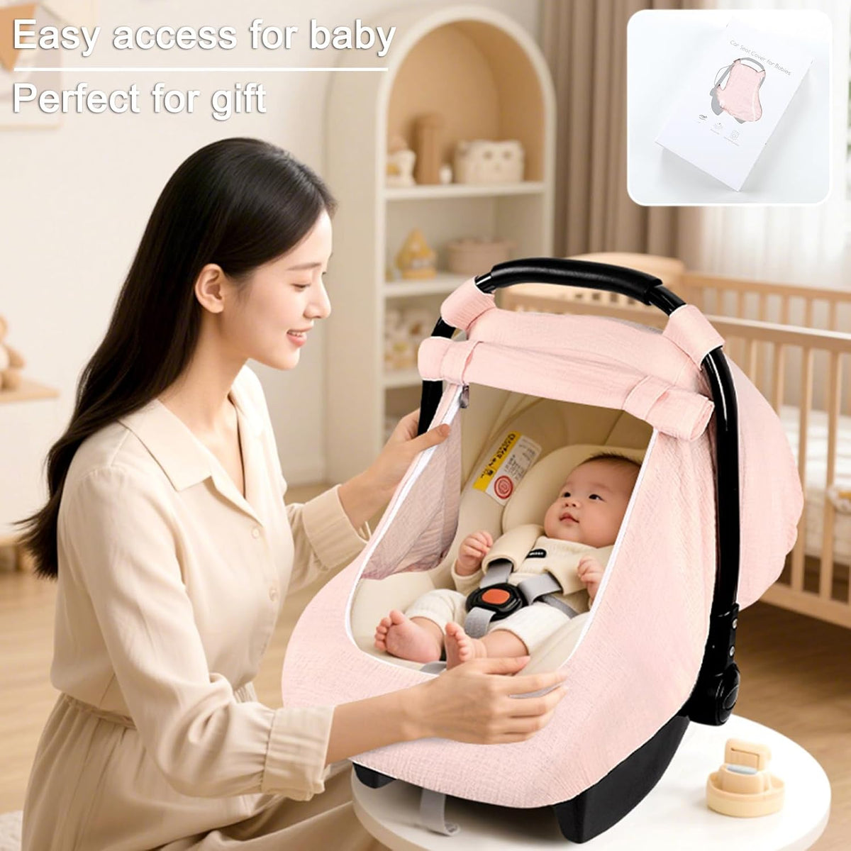 Muslin Car Seat Cover Baby, Summer Car Seat Covers for Babies, Infants, and Newborns, Ultra Soft Breathable Universal Fit Stroller Carseat Canopy Covers for Boys Girls (Heart)