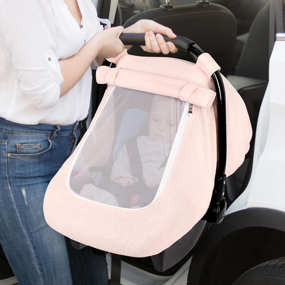 Muslin Car Seat Cover Baby, Summer Car Seat Covers for Babies, Infants, and Newborns, Ultra Soft Breathable Universal Fit Stroller Carseat Canopy Covers for Boys Girls (Heart)