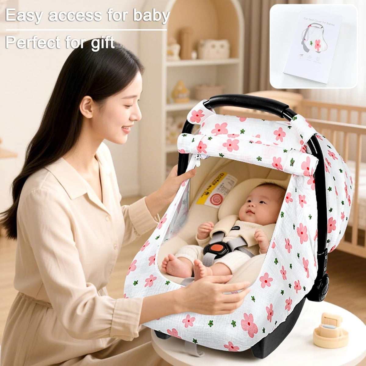 Muslin Car Seat Cover Baby, Summer Car Seat Covers for Babies, Infants, and Newborns, Ultra Soft Breathable Universal Fit Stroller Carseat Canopy Covers for Boys Girls (Heart)