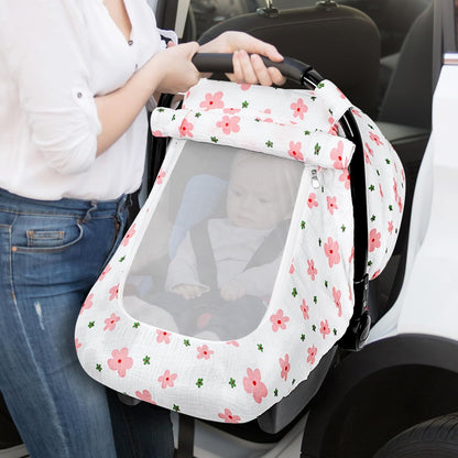 Muslin Car Seat Cover Baby, Summer Car Seat Covers for Babies, Infants, and Newborns, Ultra Soft Breathable Universal Fit Stroller Carseat Canopy Covers for Boys Girls (Heart)