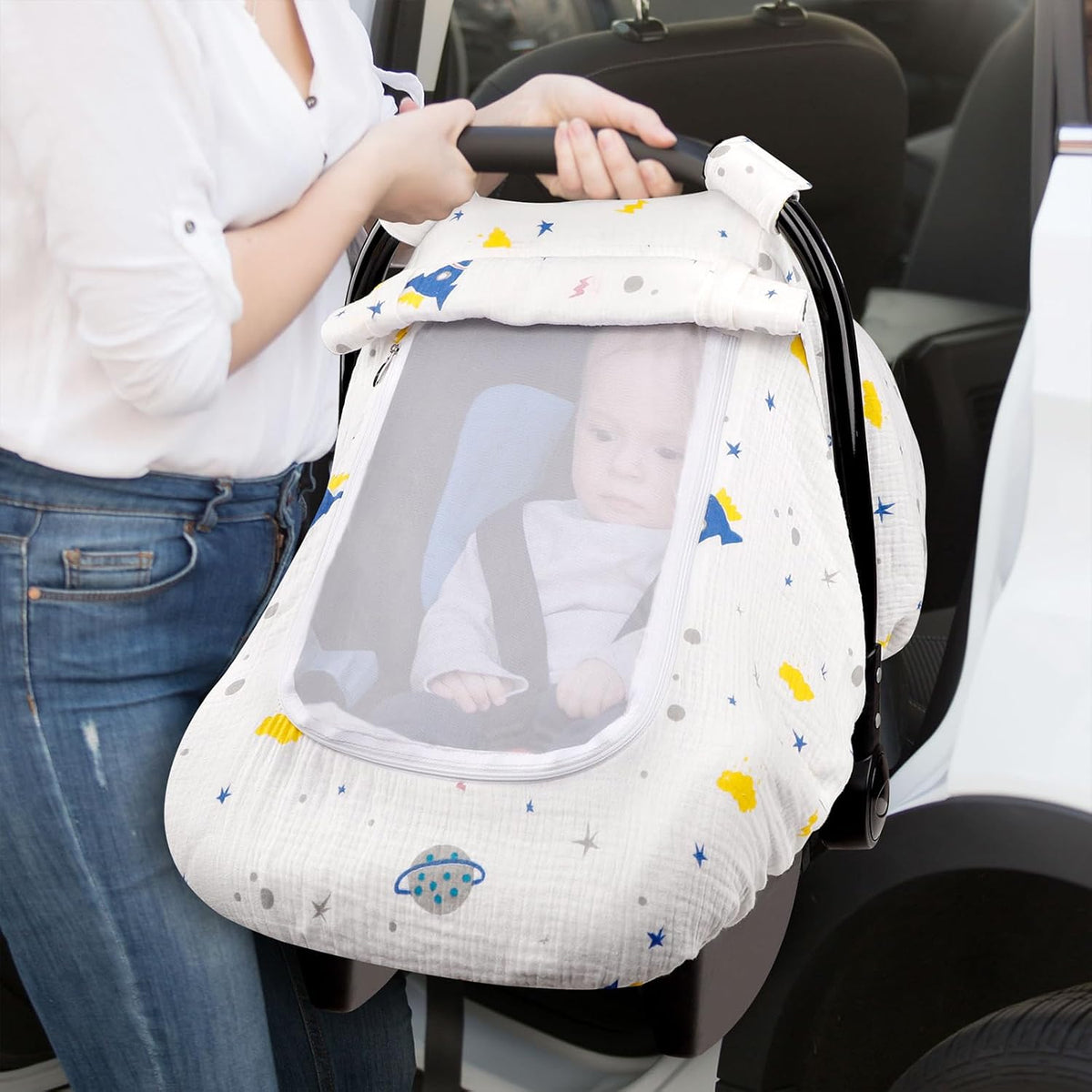 Muslin Car Seat Cover Baby, Summer Car Seat Covers for Babies, Infants, and Newborns, Ultra Soft Breathable Universal Fit Stroller Carseat Canopy Covers for Boys Girls (Heart)