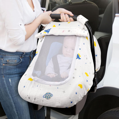 Muslin Car Seat Cover Baby, Summer Car Seat Covers for Babies, Infants, and Newborns, Ultra Soft Breathable Universal Fit Stroller Carseat Canopy Covers for Boys Girls (Heart)