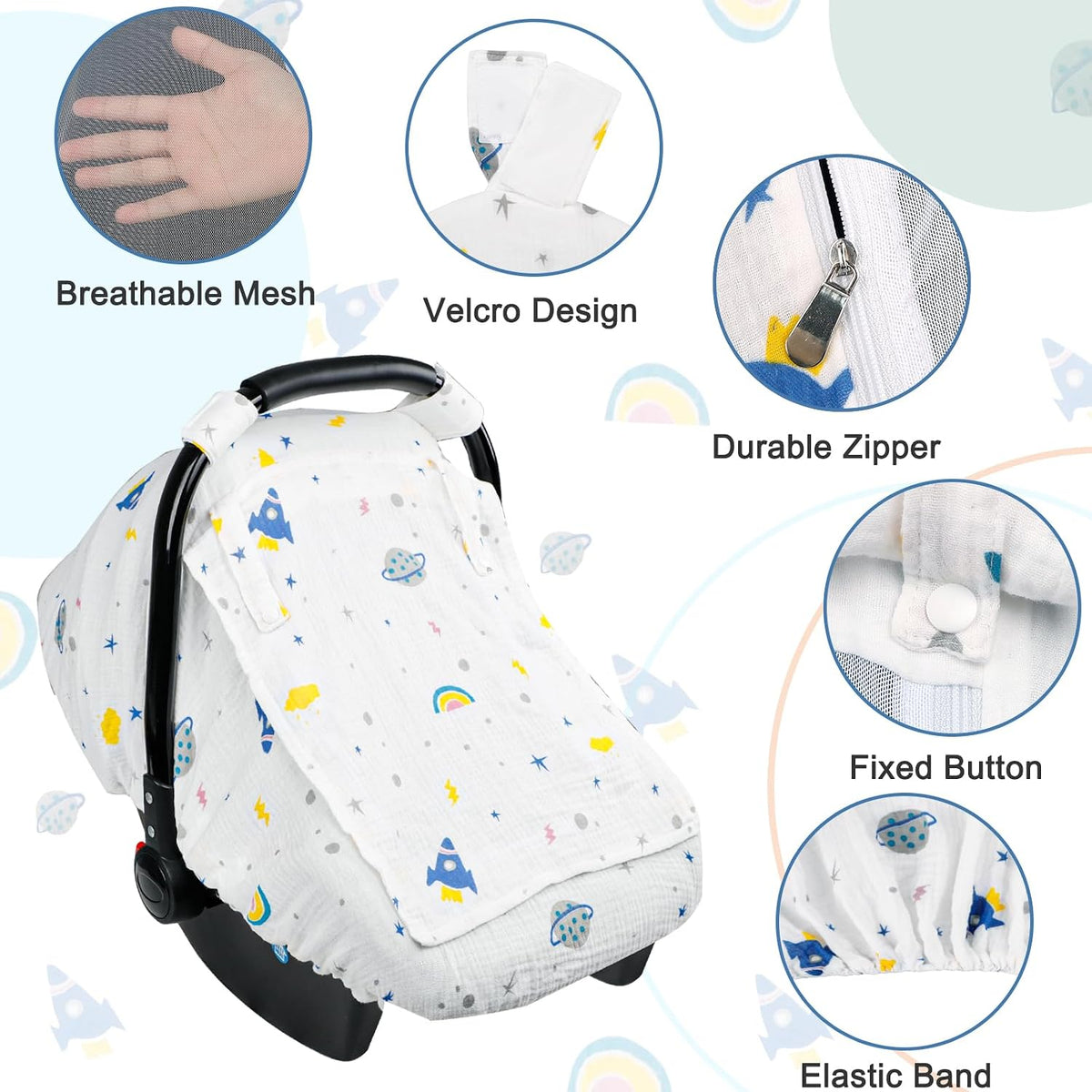 Muslin Car Seat Cover Baby, Summer Car Seat Covers for Babies, Infants, and Newborns, Ultra Soft Breathable Universal Fit Stroller Carseat Canopy Covers for Boys Girls (Heart)
