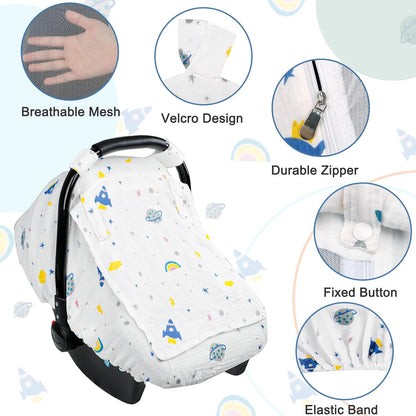 Muslin Car Seat Cover Baby, Summer Car Seat Covers for Babies, Infants, and Newborns, Ultra Soft Breathable Universal Fit Stroller Carseat Canopy Covers for Boys Girls (Heart)