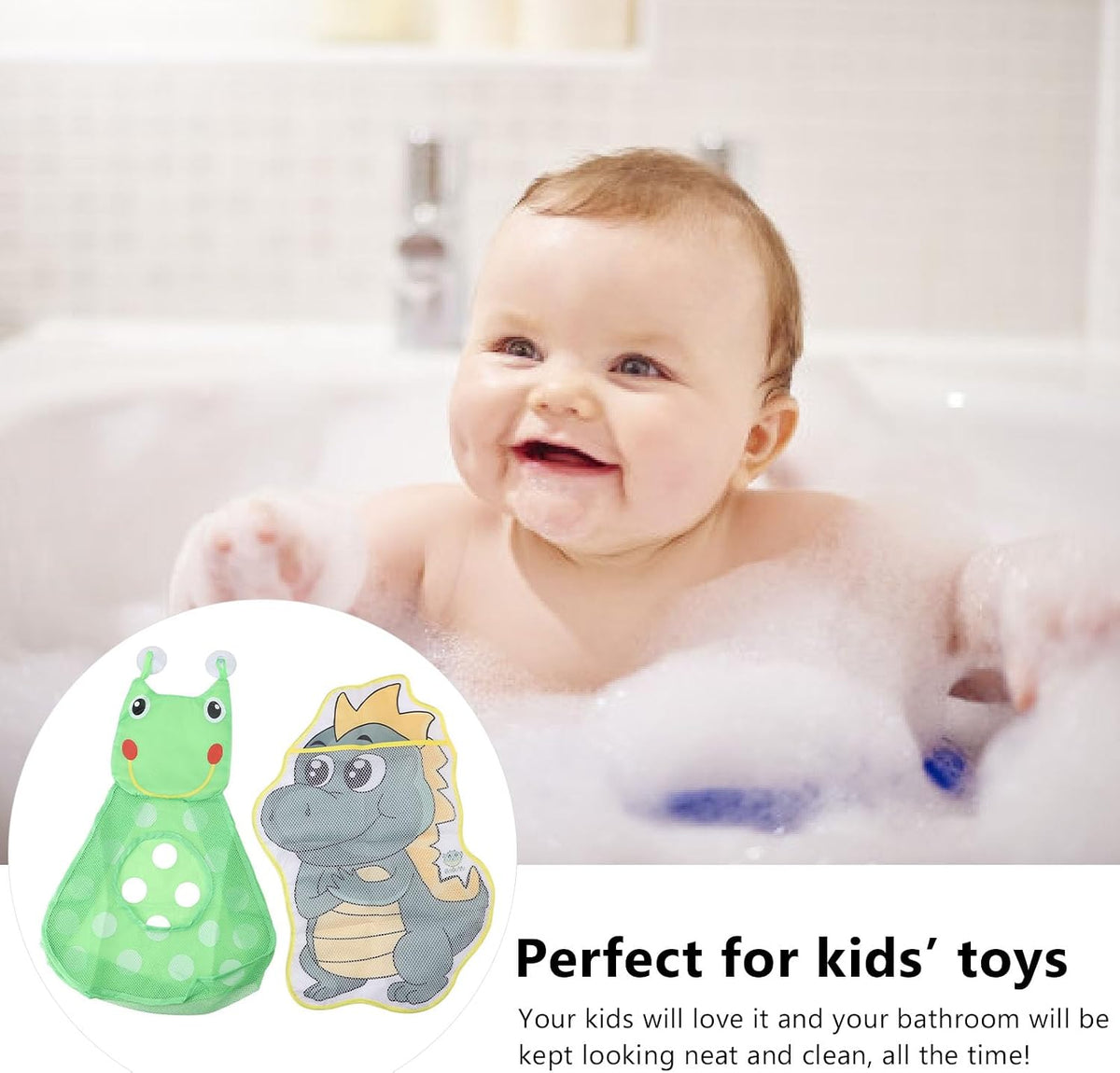 Nylon Bath Toy Mesh Bag Holder for Kids, Safe Hanging Storage Organizer, Dinosaur Pattern for Easy Access of Toys