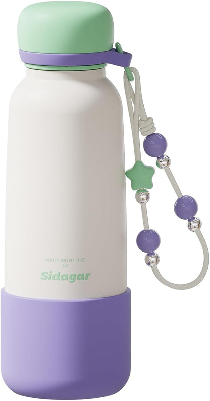 20 oz Stainless Steel Tumbler with Extendable Straw; Leak-Proof 24H Ice Cold Cute Flask for Women Campus & Travel; Beaded Charm, Silicone Boot, Ideal Gift, Lavender Mint White