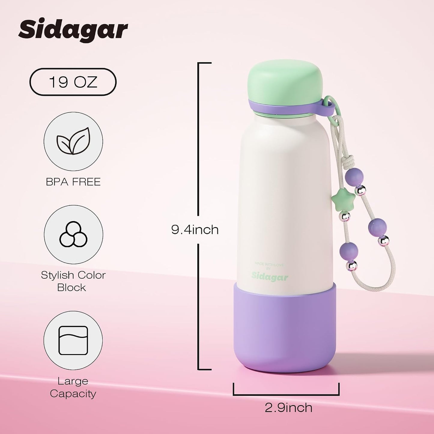 20 oz Stainless Steel Tumbler with Extendable Straw; Leak-Proof 24H Ice Cold Cute Flask for Women Campus & Travel; Beaded Charm, Silicone Boot, Ideal Gift, Lavender Mint White