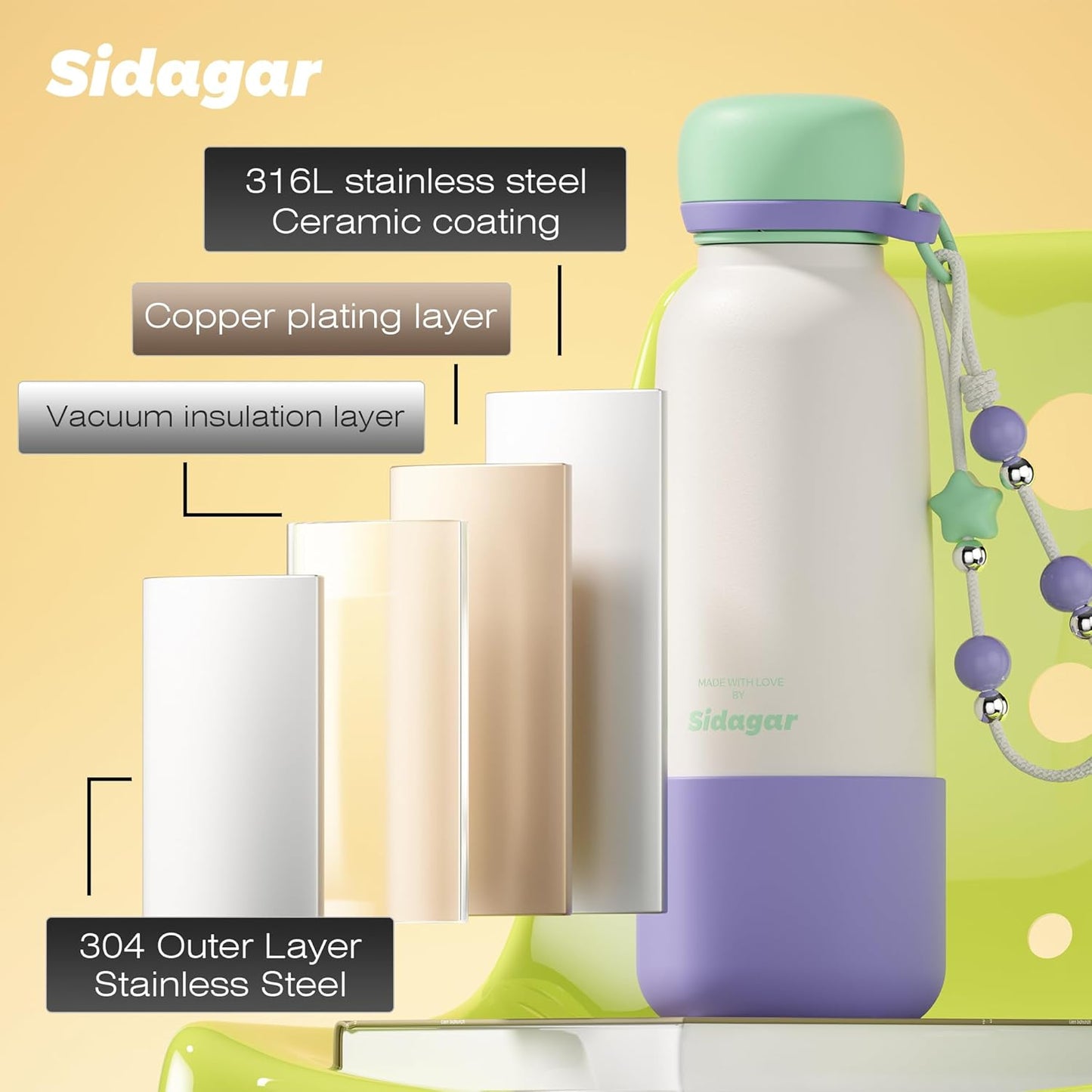 20 oz Stainless Steel Tumbler with Extendable Straw; Leak-Proof 24H Ice Cold Cute Flask for Women Campus & Travel; Beaded Charm, Silicone Boot, Ideal Gift, Lavender Mint White