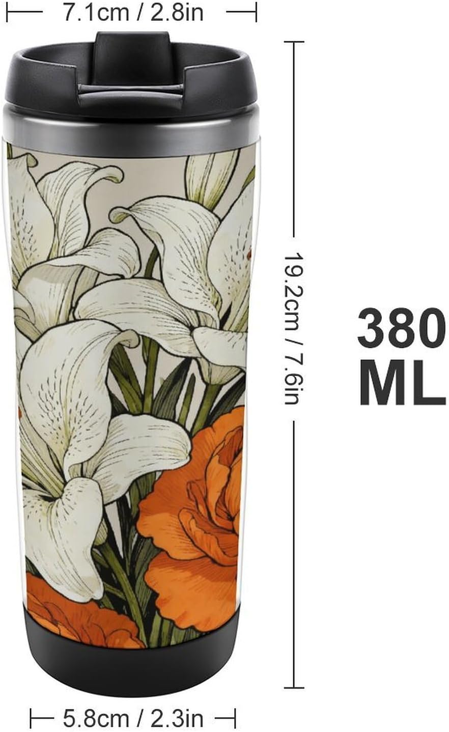 13oz Insulated Travel Coffee Mug Reusable Coffee Cup Water Bottle | Pure White And Elegant Orange Travel Mug with Leak Proof Lid Double Wall Stainless Steel Coffee Tumbler Personalized Gift