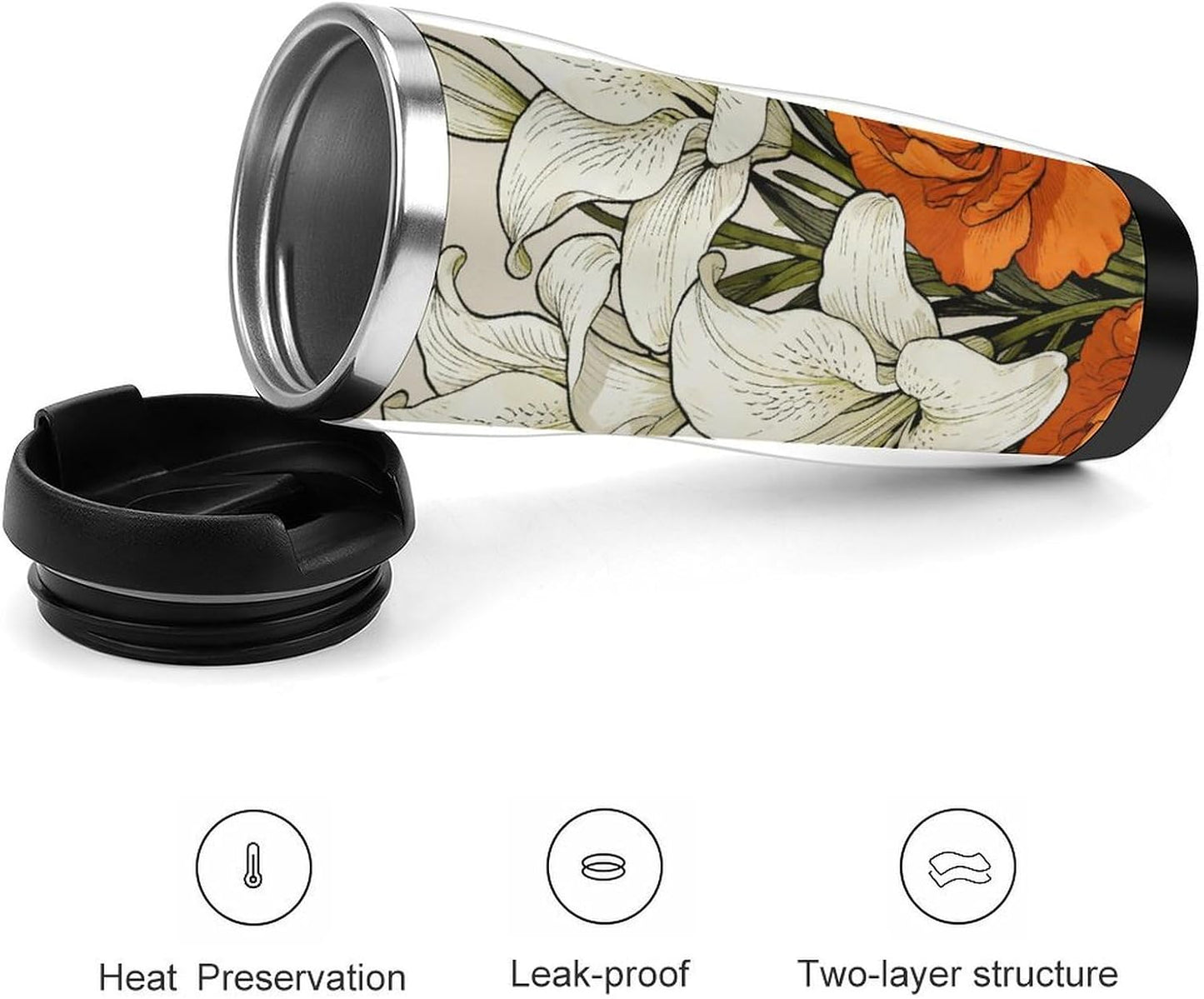 13oz Insulated Travel Coffee Mug Reusable Coffee Cup Water Bottle | Pure White And Elegant Orange Travel Mug with Leak Proof Lid Double Wall Stainless Steel Coffee Tumbler Personalized Gift