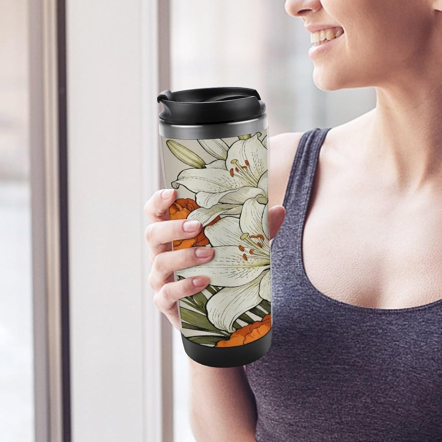 13oz Insulated Travel Coffee Mug Reusable Coffee Cup Water Bottle | Pure White And Elegant Orange Travel Mug with Leak Proof Lid Double Wall Stainless Steel Coffee Tumbler Personalized Gift