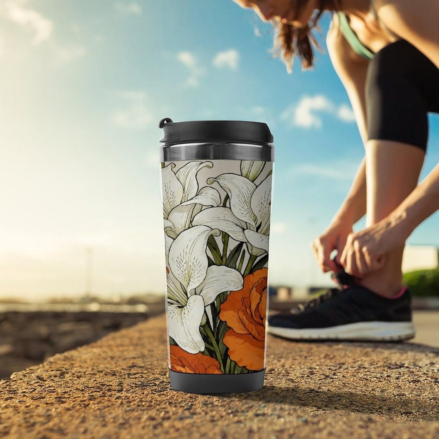 13oz Insulated Travel Coffee Mug Reusable Coffee Cup Water Bottle | Pure White And Elegant Orange Travel Mug with Leak Proof Lid Double Wall Stainless Steel Coffee Tumbler Personalized Gift
