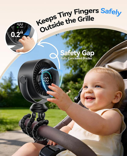 Portable Stroller Fan, 360° Rotation, 17 Hrs Long-Lasting, 100-Speed