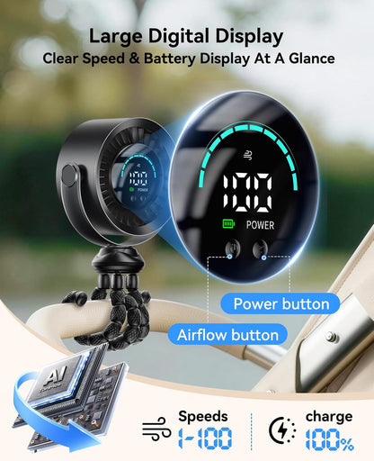 Portable Stroller Fan, 360° Rotation, 17 Hrs Long-Lasting, 100-Speed