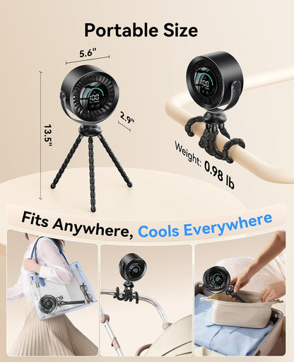 Portable Stroller Fan, 360° Rotation, 17 Hrs Long-Lasting, 100-Speed