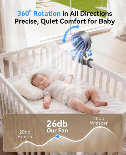 Portable Stroller Fan, 360° Rotation, 17 Hrs Long-Lasting, 100-Speed
