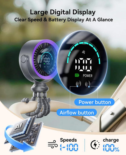 Portable Stroller Fan, 360° Rotation, 17 Hrs Long-Lasting, 100-Speed