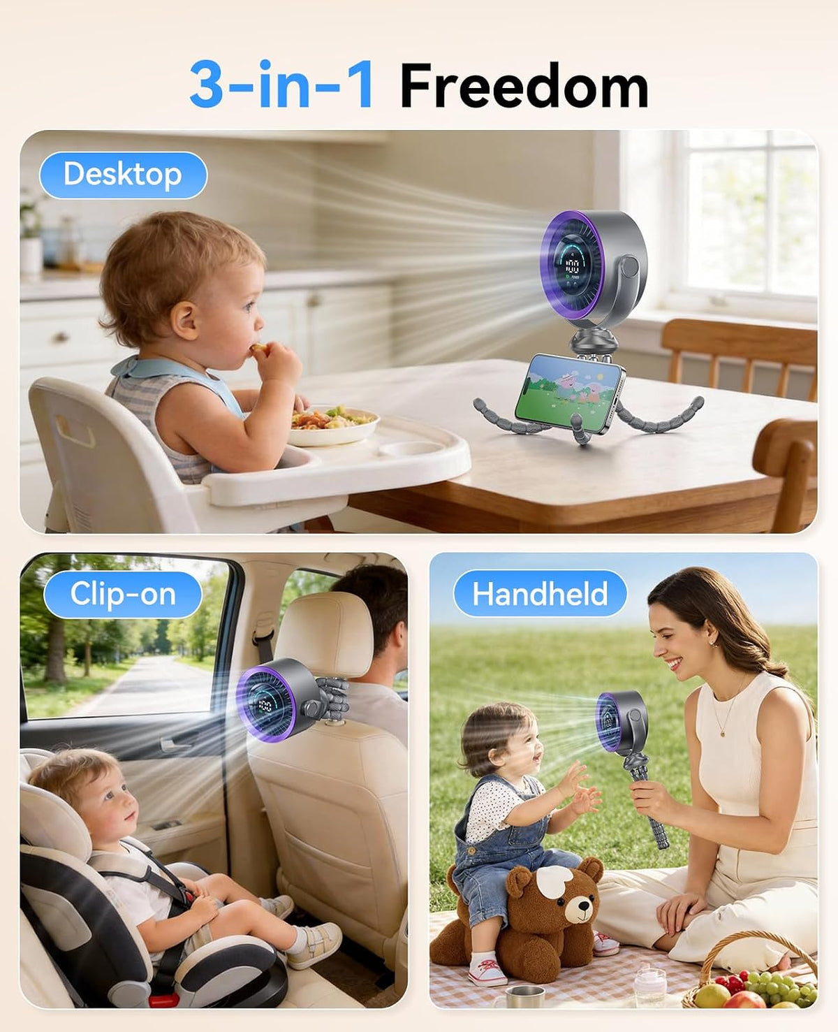 Portable Stroller Fan, 360° Rotation, 17 Hrs Long-Lasting, 100-Speed