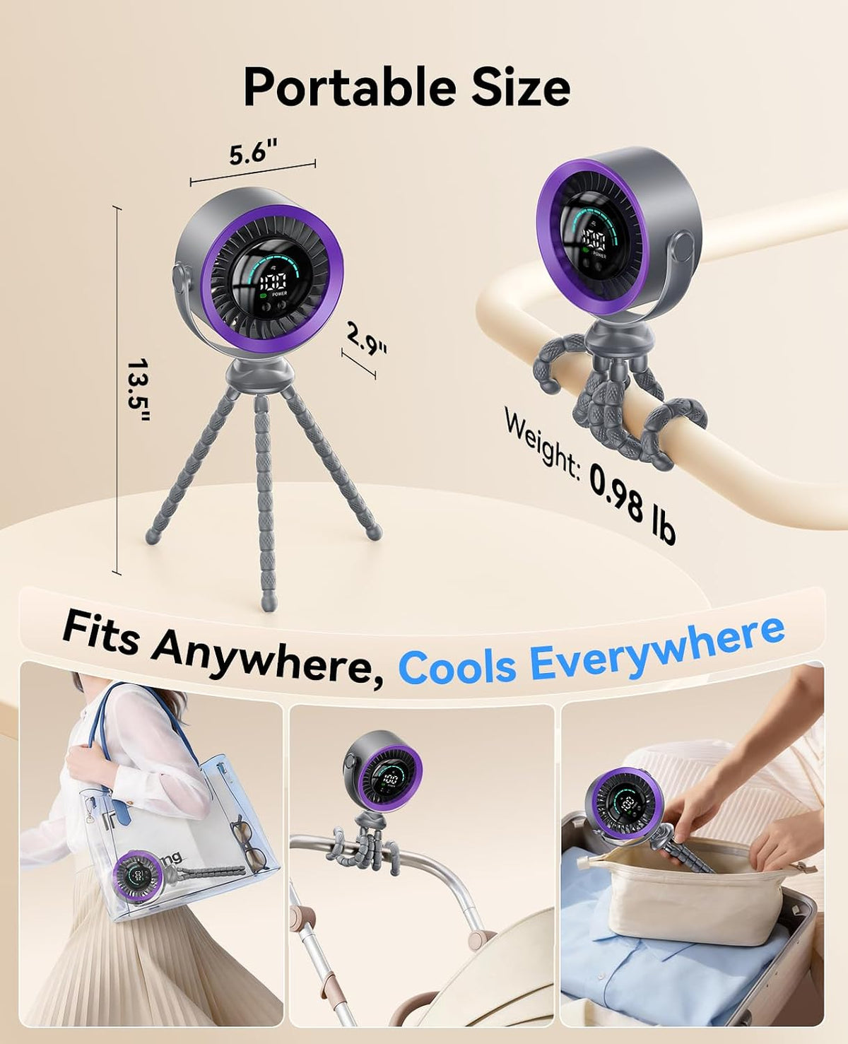 Portable Stroller Fan, 360° Rotation, 17 Hrs Long-Lasting, 100-Speed