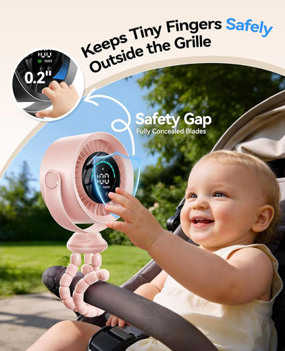 Portable Stroller Fan, 360° Rotation, 17 Hrs Long-Lasting, 100-Speed