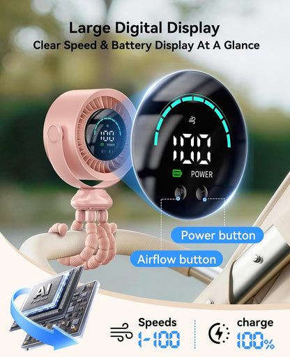 Portable Stroller Fan, 360° Rotation, 17 Hrs Long-Lasting, 100-Speed