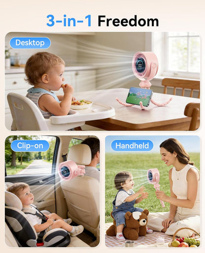 Portable Stroller Fan, 360° Rotation, 17 Hrs Long-Lasting, 100-Speed