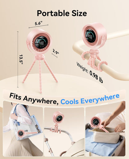 Portable Stroller Fan, 360° Rotation, 17 Hrs Long-Lasting, 100-Speed