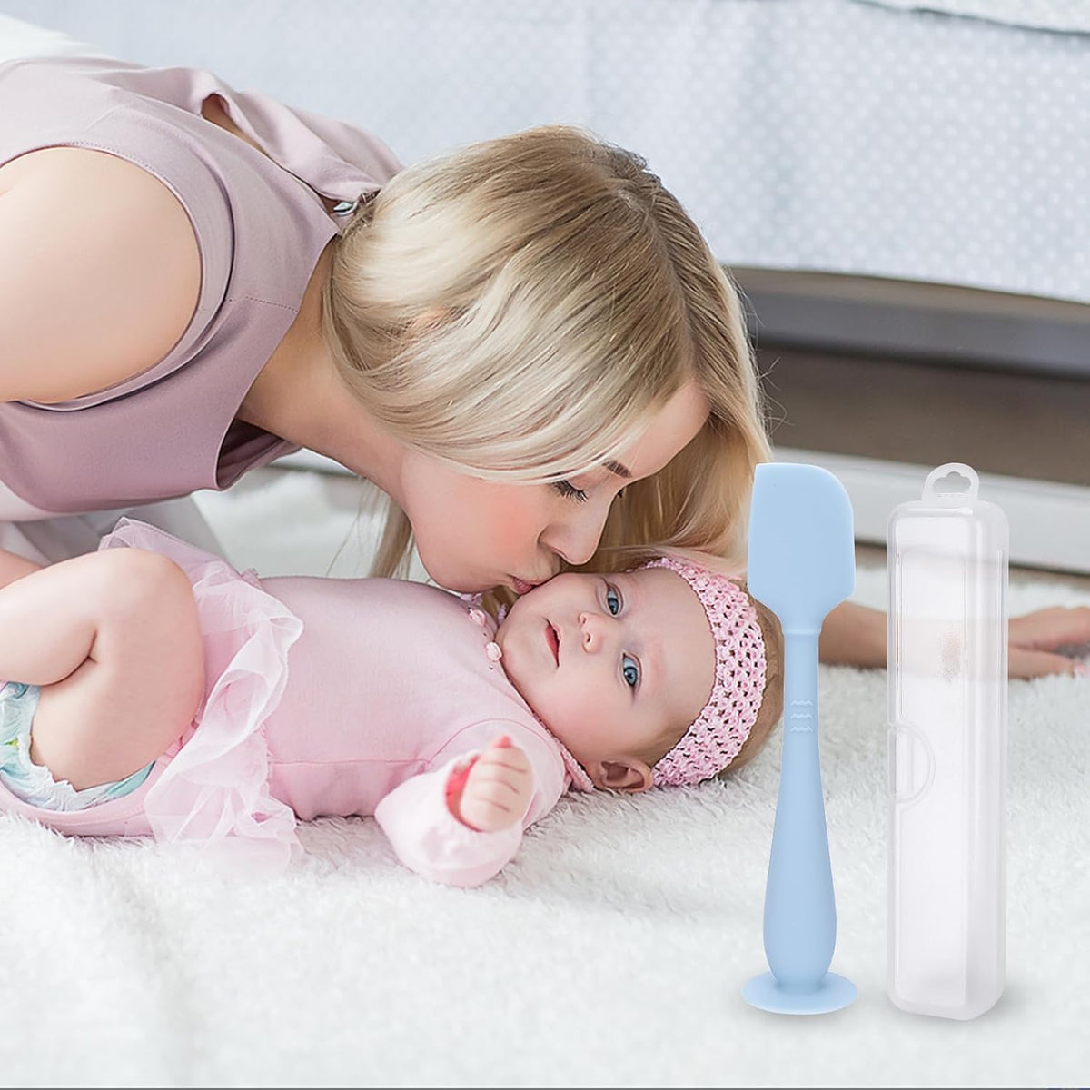 2 Pack Diaper Cream Spatula With Hygienic Travel Case, Baby Butt Paste Applicator With Suction Base, Soft Silicone Diaper Rash Cream Applicator Large Size (Blue & Brown)
