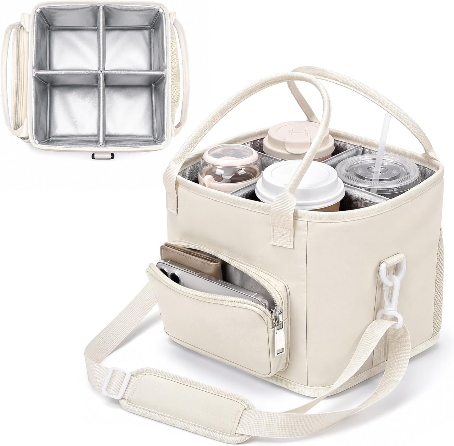 4 Compartments Drink Carrier Bag with Strap,Strawberry,Beige | Insulated Water Bottle Holder, Portable Tumbler Carrier Caddy, Car Commute to Work Coffee Drinking Takeout for Teacher