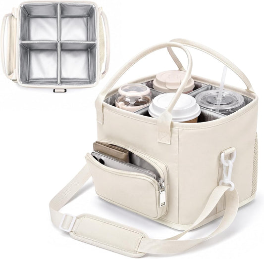 4 Compartments Drink Carrier Bag with Strap,Strawberry,Beige | Insulated Water Bottle Holder, Portable Tumbler Carrier Caddy, Car Commute to Work Coffee Drinking Takeout for Teacher