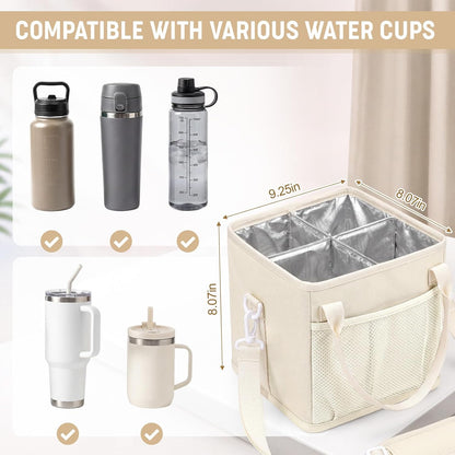 4 Compartments Drink Carrier Bag with Strap,Strawberry,Beige | Insulated Water Bottle Holder, Portable Tumbler Carrier Caddy, Car Commute to Work Coffee Drinking Takeout for Teacher