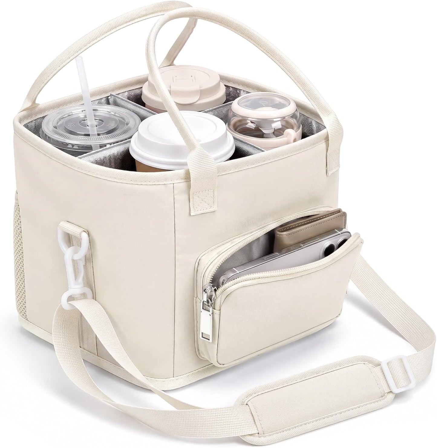 4 Compartments Drink Carrier Bag with Strap,Strawberry,Beige | Insulated Water Bottle Holder, Portable Tumbler Carrier Caddy, Car Commute to Work Coffee Drinking Takeout for Teacher