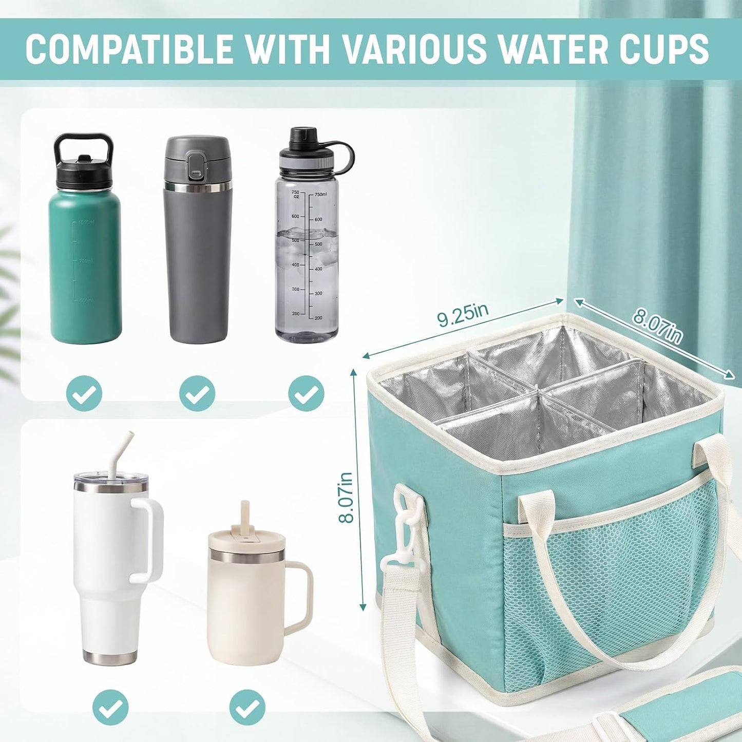 4 Compartments Drink Carrier Bag with Strap,Strawberry,Beige | Insulated Water Bottle Holder, Portable Tumbler Carrier Caddy, Car Commute to Work Coffee Drinking Takeout for Teacher