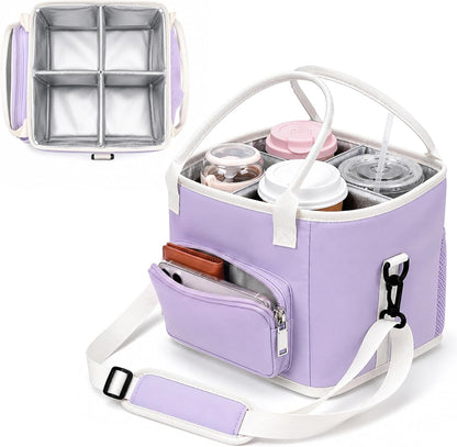 4 Compartments Drink Carrier Bag with Strap,Strawberry,Beige | Insulated Water Bottle Holder, Portable Tumbler Carrier Caddy, Car Commute to Work Coffee Drinking Takeout for Teacher