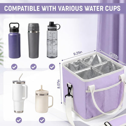 4 Compartments Drink Carrier Bag with Strap,Strawberry,Beige | Insulated Water Bottle Holder, Portable Tumbler Carrier Caddy, Car Commute to Work Coffee Drinking Takeout for Teacher