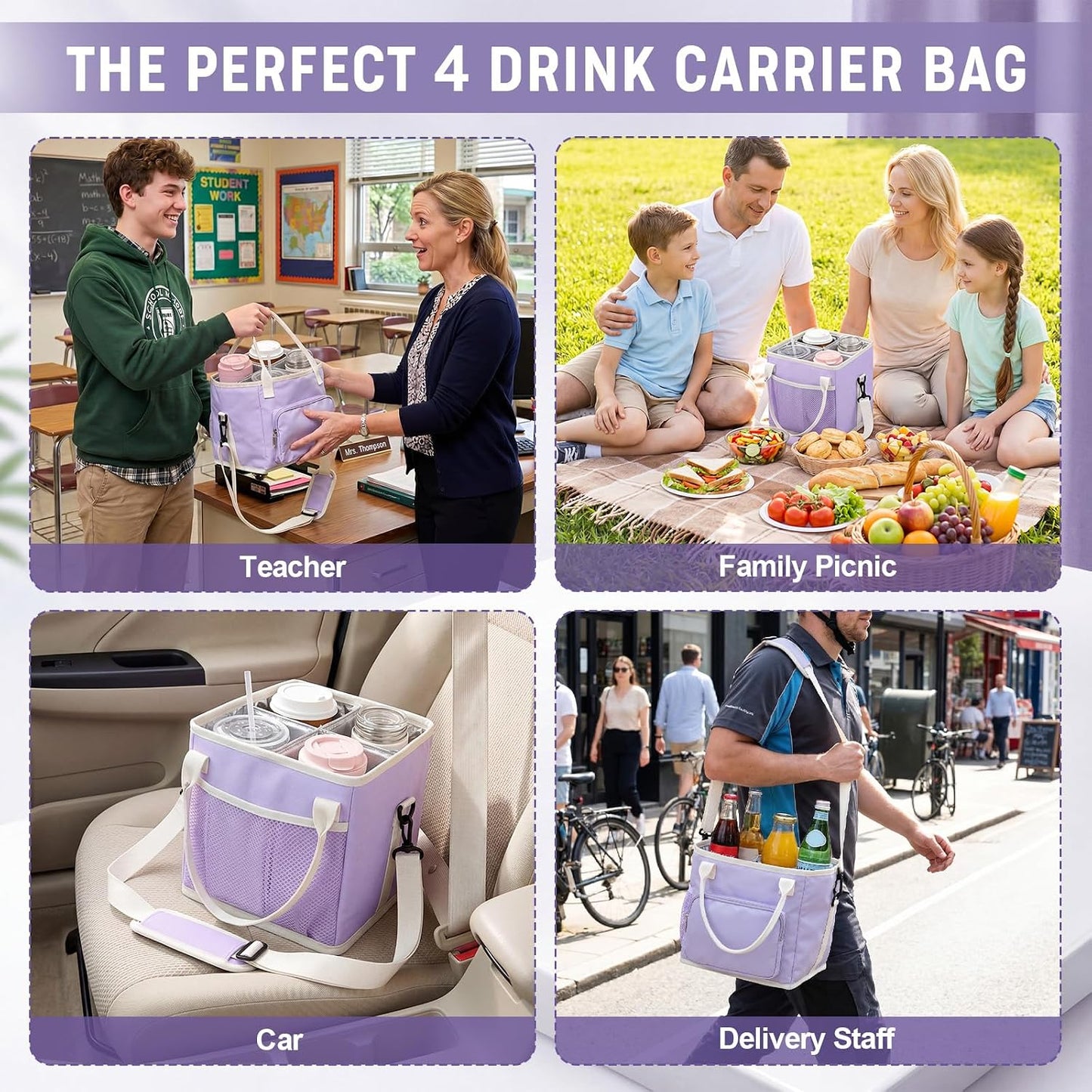4 Compartments Drink Carrier Bag with Strap,Strawberry,Beige | Insulated Water Bottle Holder, Portable Tumbler Carrier Caddy, Car Commute to Work Coffee Drinking Takeout for Teacher