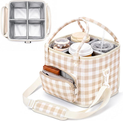 4 Compartments Drink Carrier Bag with Strap,Strawberry,Beige | Insulated Water Bottle Holder, Portable Tumbler Carrier Caddy, Car Commute to Work Coffee Drinking Takeout for Teacher