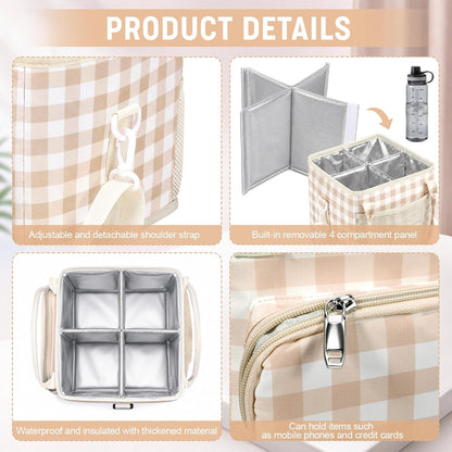 4 Compartments Drink Carrier Bag with Strap,Strawberry,Beige | Insulated Water Bottle Holder, Portable Tumbler Carrier Caddy, Car Commute to Work Coffee Drinking Takeout for Teacher