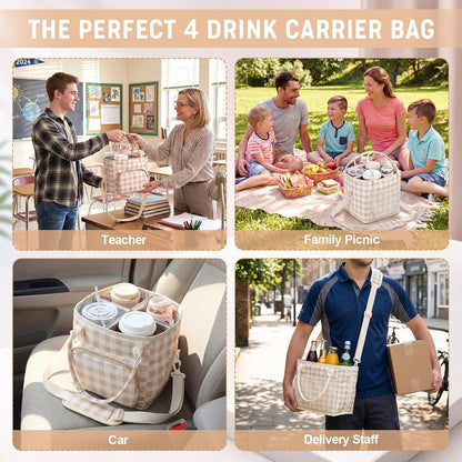4 Compartments Drink Carrier Bag with Strap,Strawberry,Beige | Insulated Water Bottle Holder, Portable Tumbler Carrier Caddy, Car Commute to Work Coffee Drinking Takeout for Teacher
