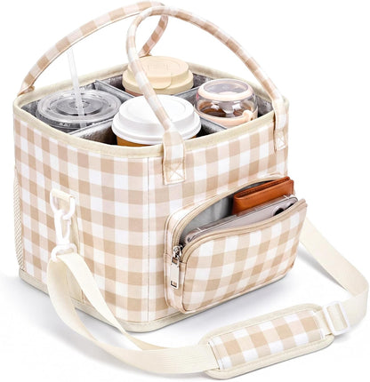 4 Compartments Drink Carrier Bag with Strap,Strawberry,Beige | Insulated Water Bottle Holder, Portable Tumbler Carrier Caddy, Car Commute to Work Coffee Drinking Takeout for Teacher