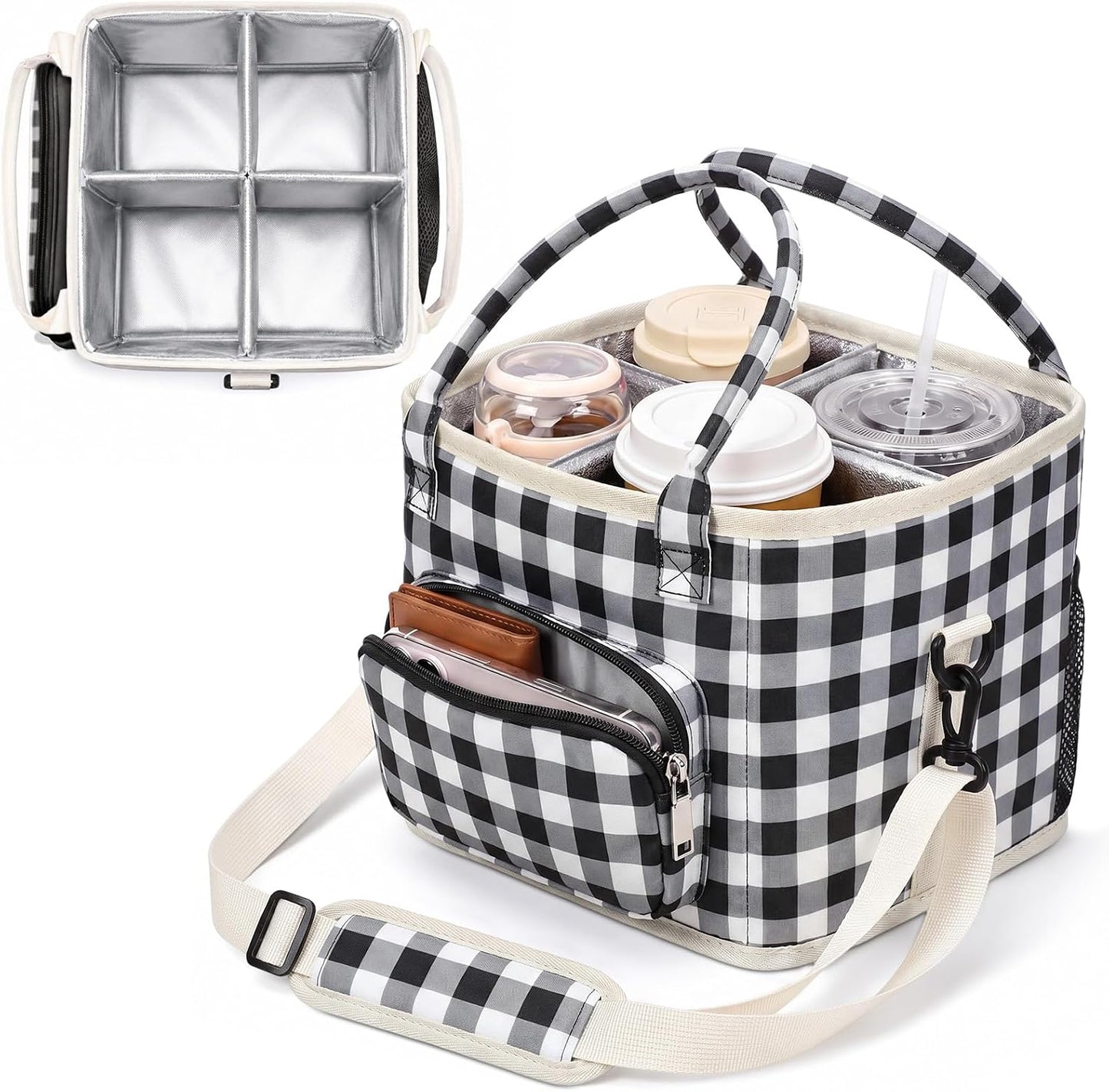4 Compartments Drink Carrier Bag with Strap,Strawberry,Beige | Insulated Water Bottle Holder, Portable Tumbler Carrier Caddy, Car Commute to Work Coffee Drinking Takeout for Teacher