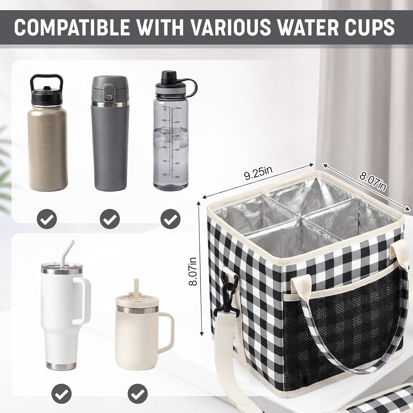4 Compartments Drink Carrier Bag with Strap,Strawberry,Beige | Insulated Water Bottle Holder, Portable Tumbler Carrier Caddy, Car Commute to Work Coffee Drinking Takeout for Teacher