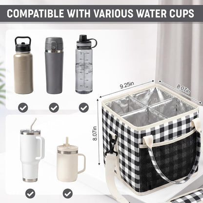 4 Compartments Drink Carrier Bag with Strap,Strawberry,Beige | Insulated Water Bottle Holder, Portable Tumbler Carrier Caddy, Car Commute to Work Coffee Drinking Takeout for Teacher