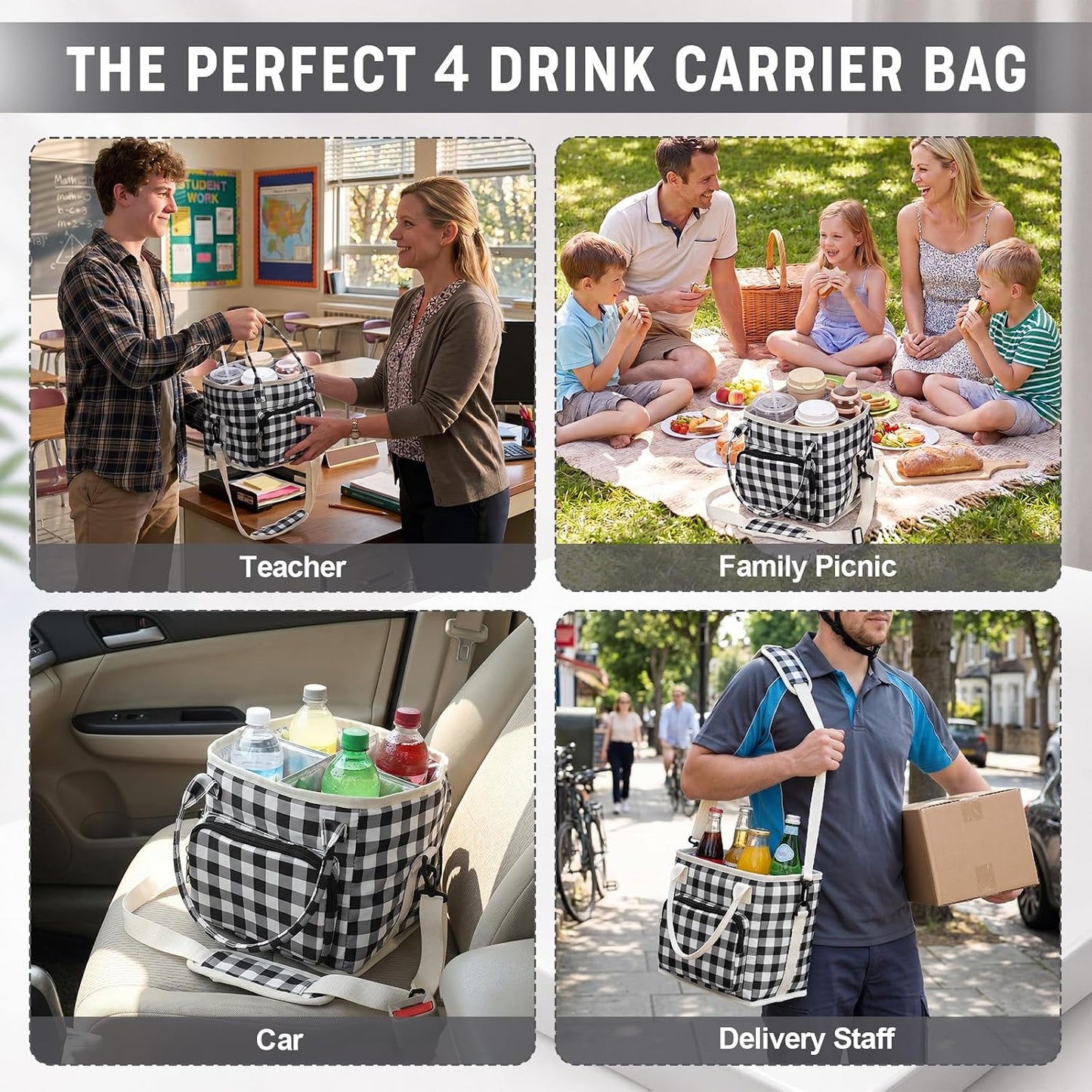 4 Compartments Drink Carrier Bag with Strap,Strawberry,Beige | Insulated Water Bottle Holder, Portable Tumbler Carrier Caddy, Car Commute to Work Coffee Drinking Takeout for Teacher